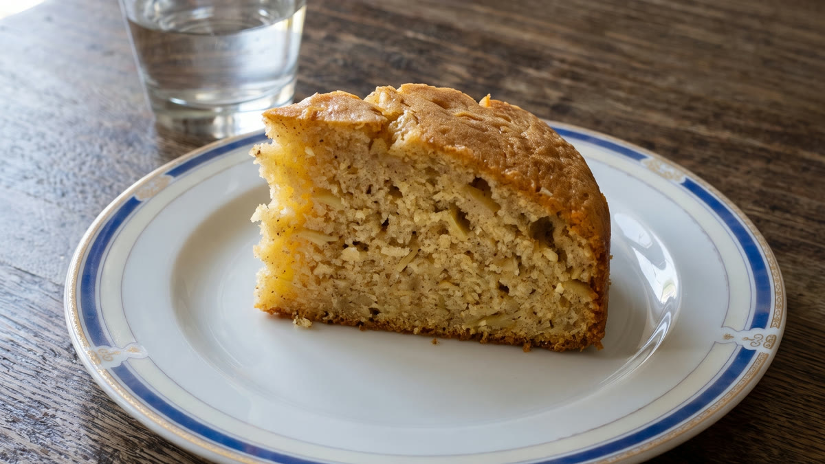 Una porción de bizcocho de manzana y avena proteico en un plato blanco con borde azul, con la miga y los trocitos de manzana a la vista y un vaso de agua al lado