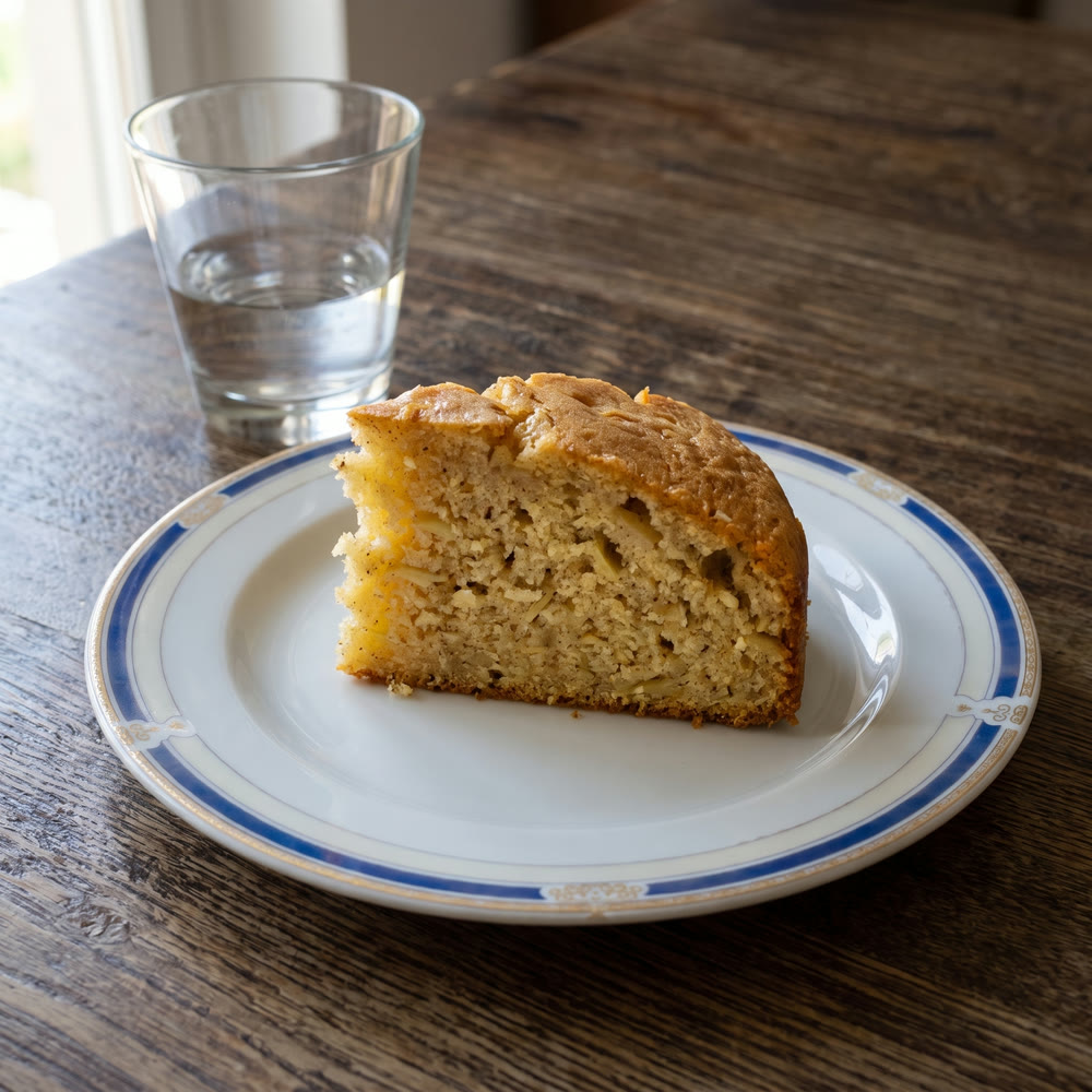 Una porción de bizcocho de manzana y avena proteico en un plato blanco con borde azul, con la miga y los trocitos de manzana a la vista y un vaso de agua al lado
