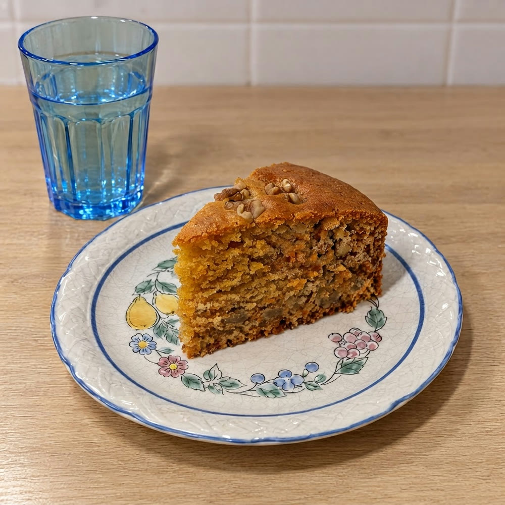Una porción de bizcocho de zanahoria y avena con nueces por encima, en un plato con cenefa de flores y un vaso de agua al lado, vista en ángulo de 45º