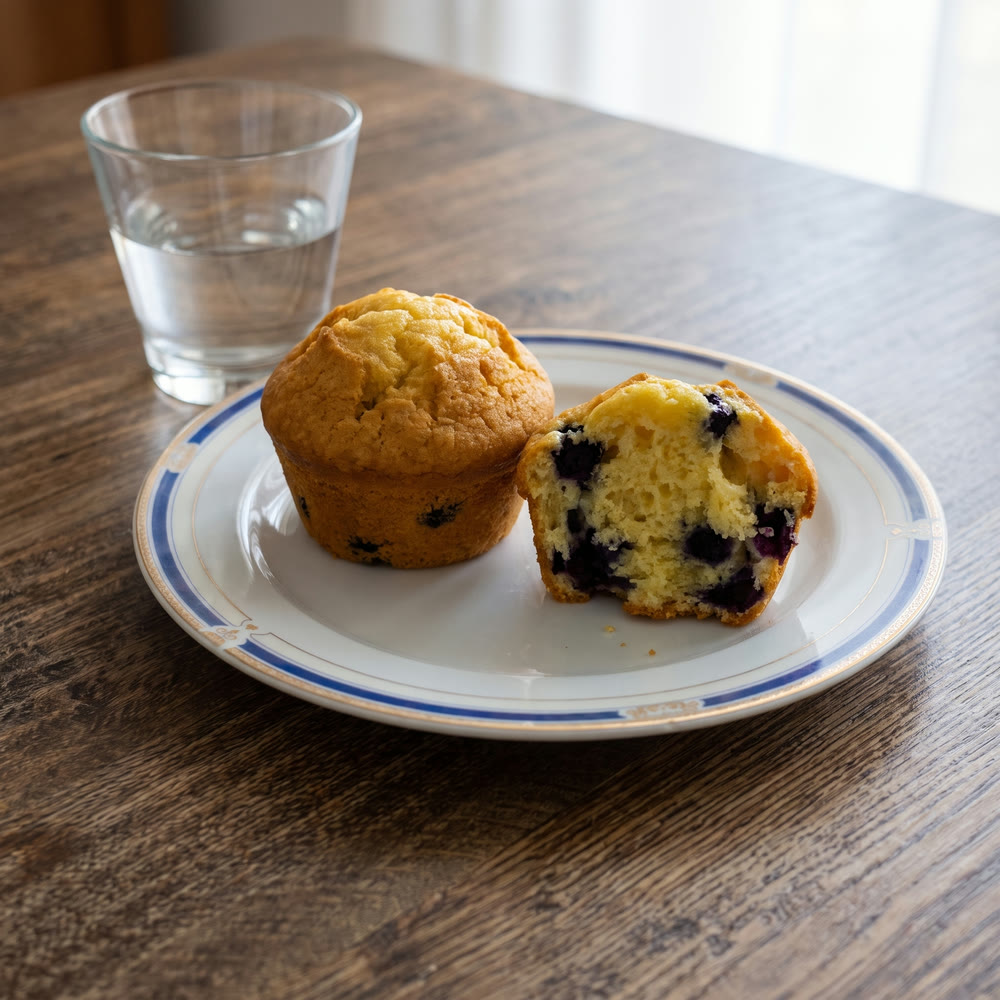 Plato con dos muffins de avena y arándanos con proteína, uno entero y otro partido con los arándanos a la vista, y un vaso de agua detrás, sobre una mesa de madera