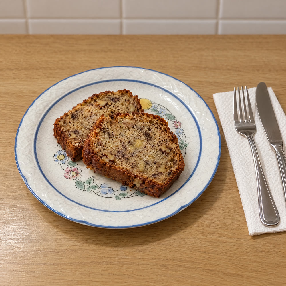 Dos rebanadas de pan de plátano fitness con avena y nueces en un plato blanco de borde azul, con tenedor y cuchillo al lado, vistas en ángulo de 45 grados